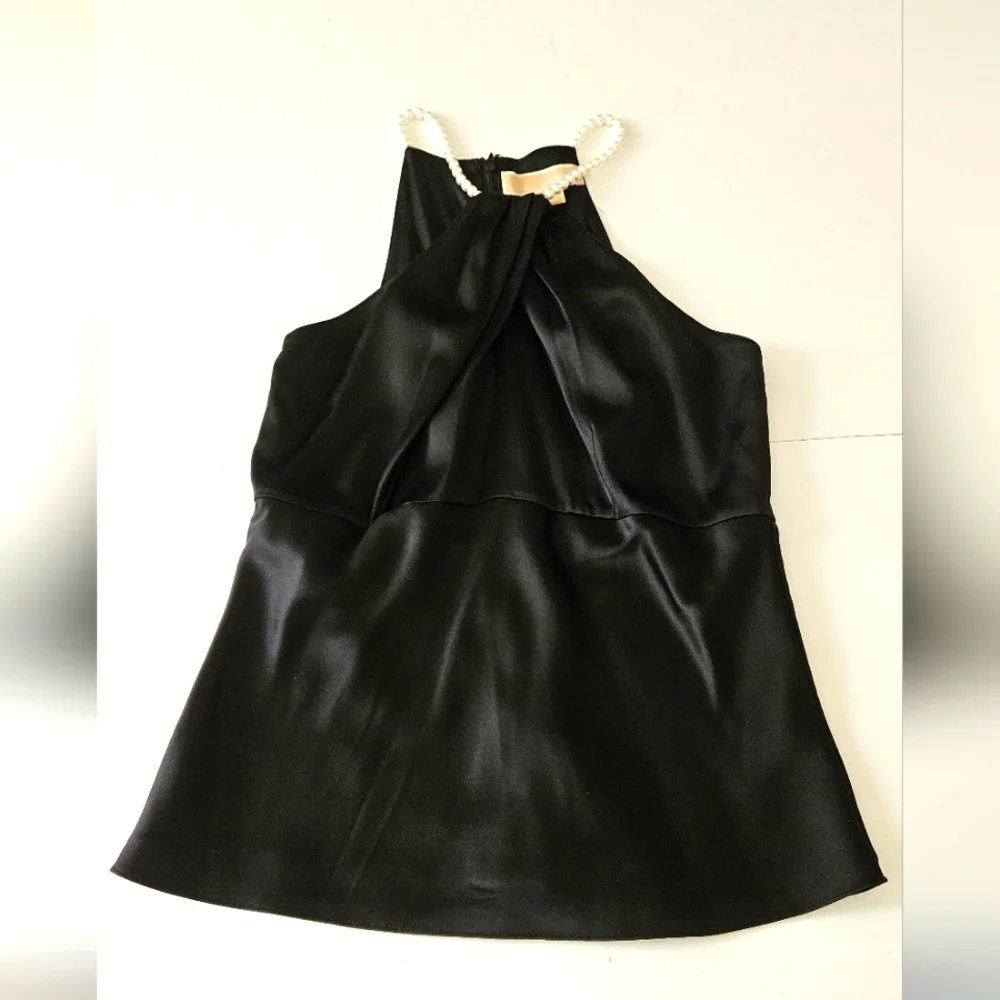 Michael Kors Womens Black Silk Size 4 Halter Keyhole Top W/Faux Pearl St…